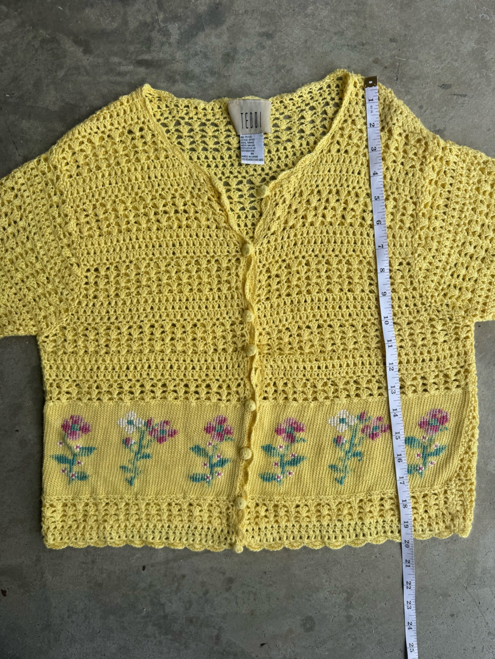Vintage Yellow Crochet Knit Button-Front Short Sleeve Cardigan M Cross Stitch - Picture 13 of 15